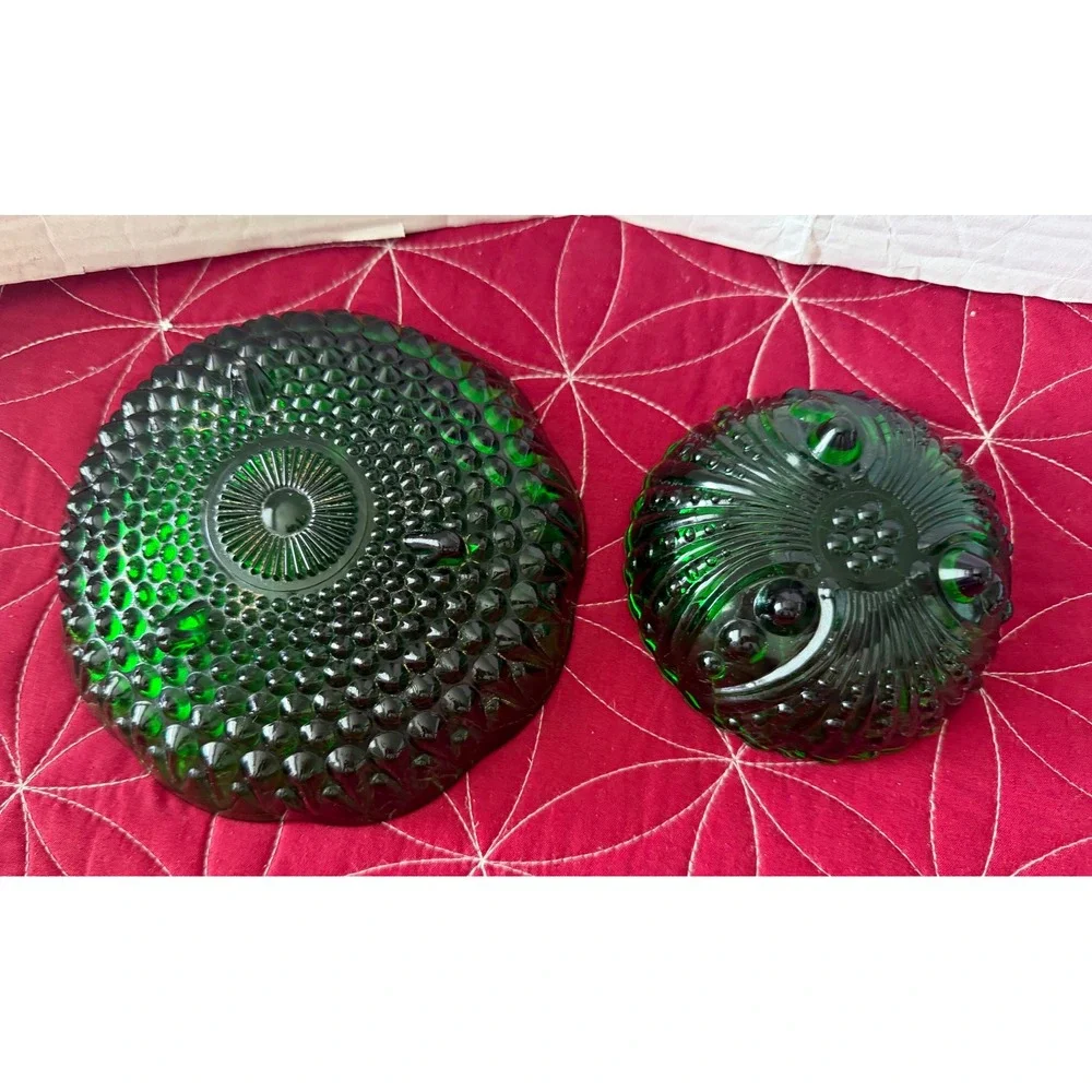Vintage Emerald Green Glass Bowl Set Hobnail and Grape Pattern Footed Dishes